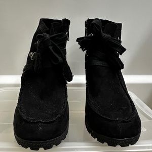 Lace-Up, Wedged Ankle Bootie - Black Suede